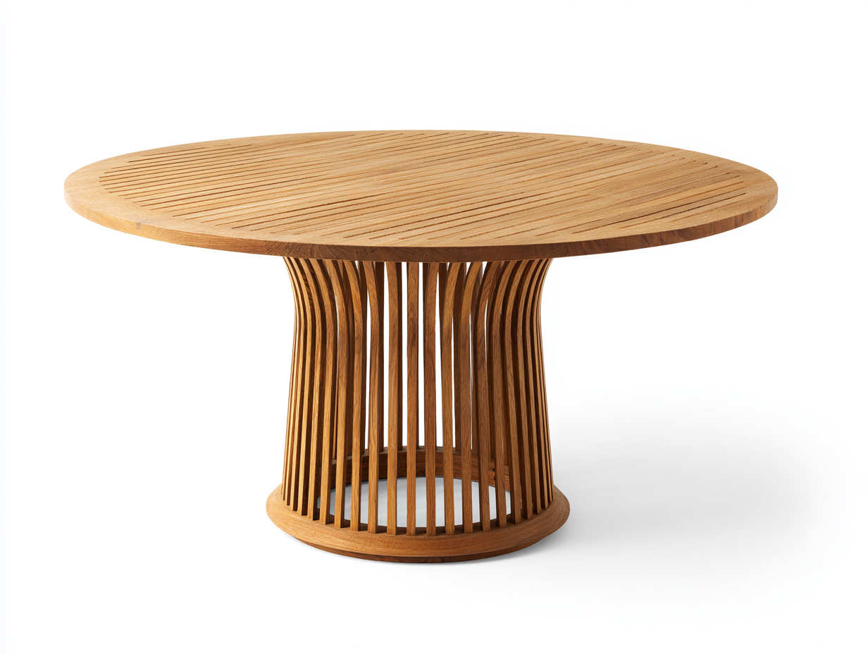 Gartentisch Holz Rund 120x120x75 cm - Eichefarbe - Modernes Design mit Lamellenbasis-Loftgoden