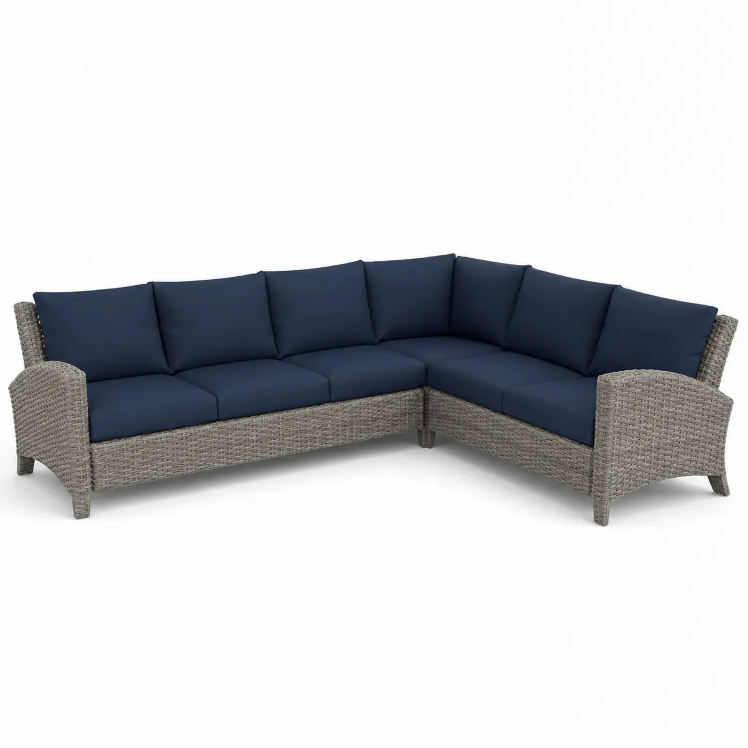 Szara narożna sofa z technorattanu z granatowymi poduszkami 210x210 cm
