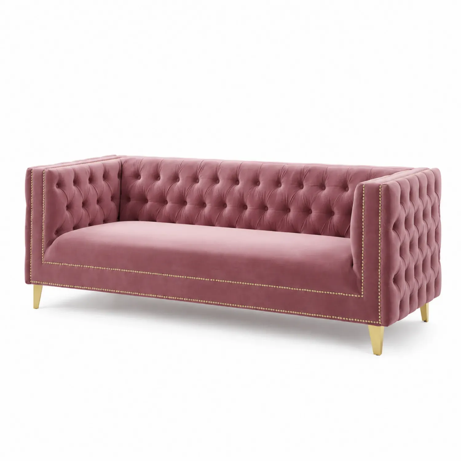 Różowa sofa welurowa z metalowymi nogami 180 cm