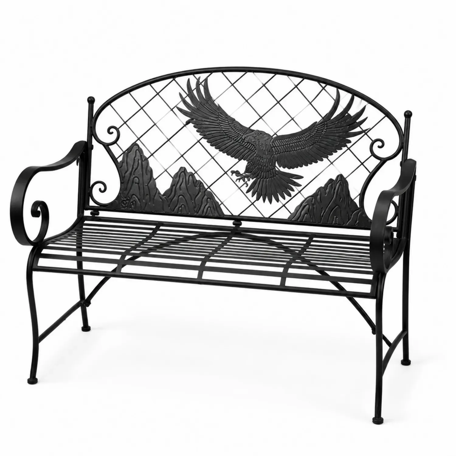 Ławka ogrodowa metalowa z motywem orła, czarna, 125 cm