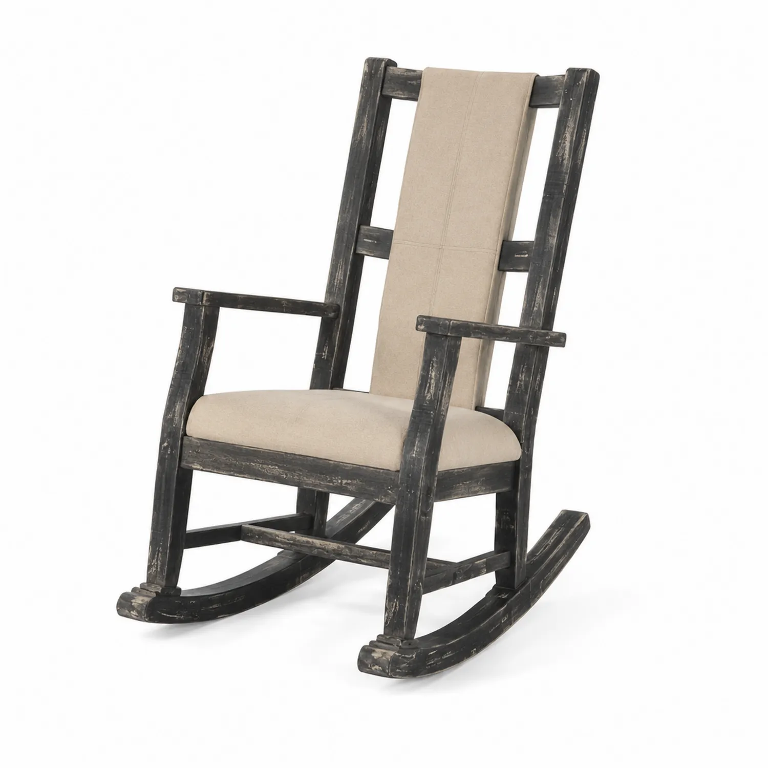 Sedia a dondolo in legno con seduta in lino beige