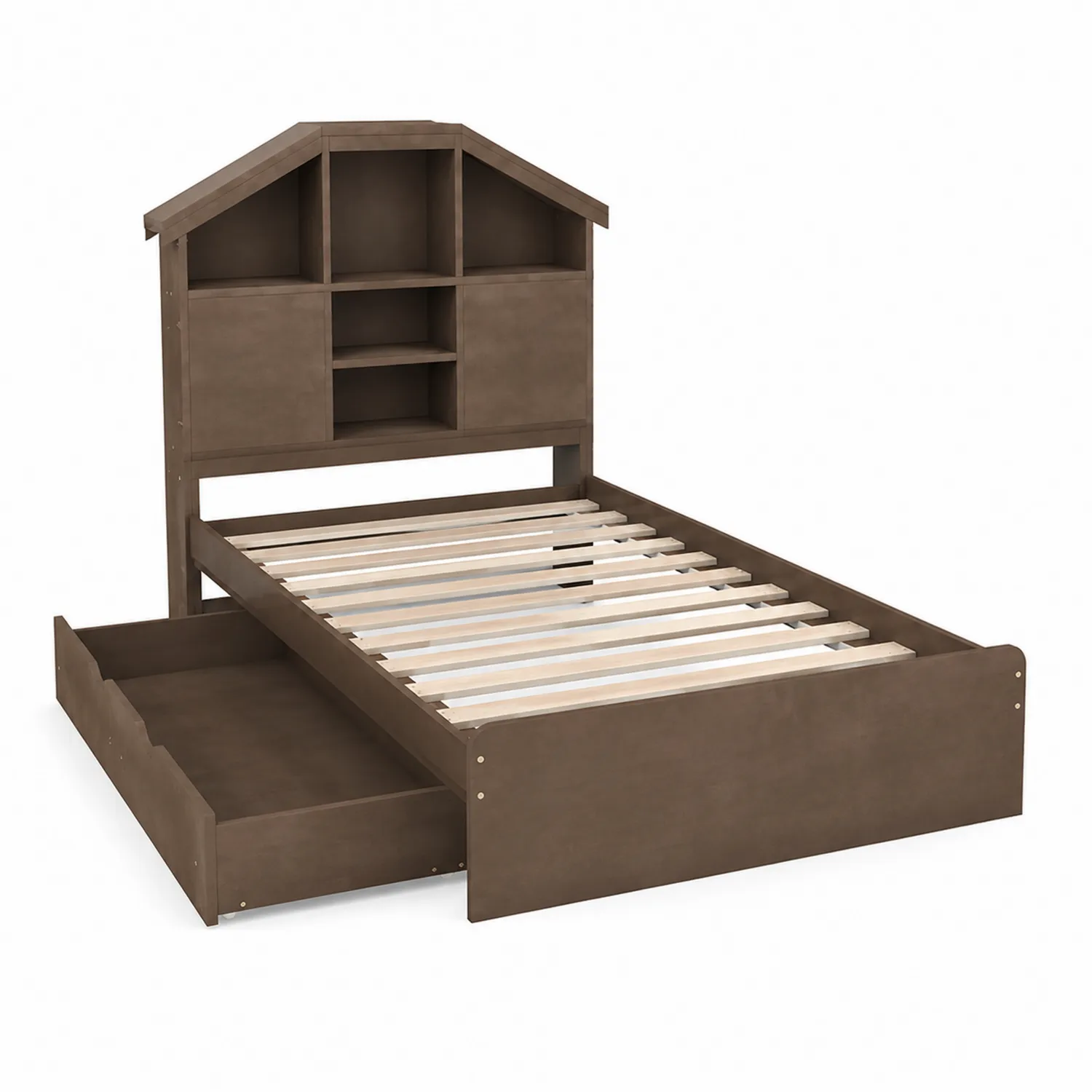 Letto per Bambini in Legno Marrone con Mensole e Cassetti