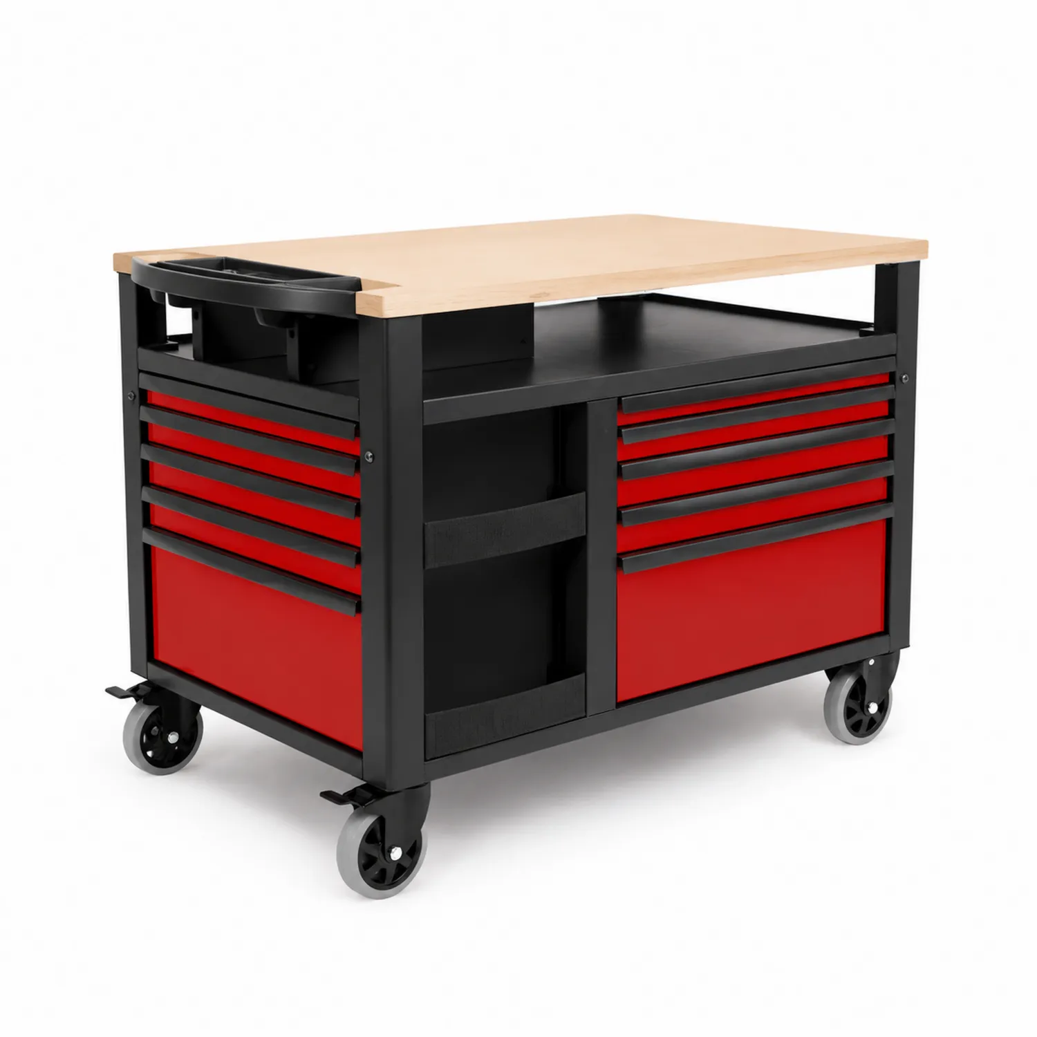 Carrello portautensili in metallo con cassetti Rosso e Nero, piano in legno compensato