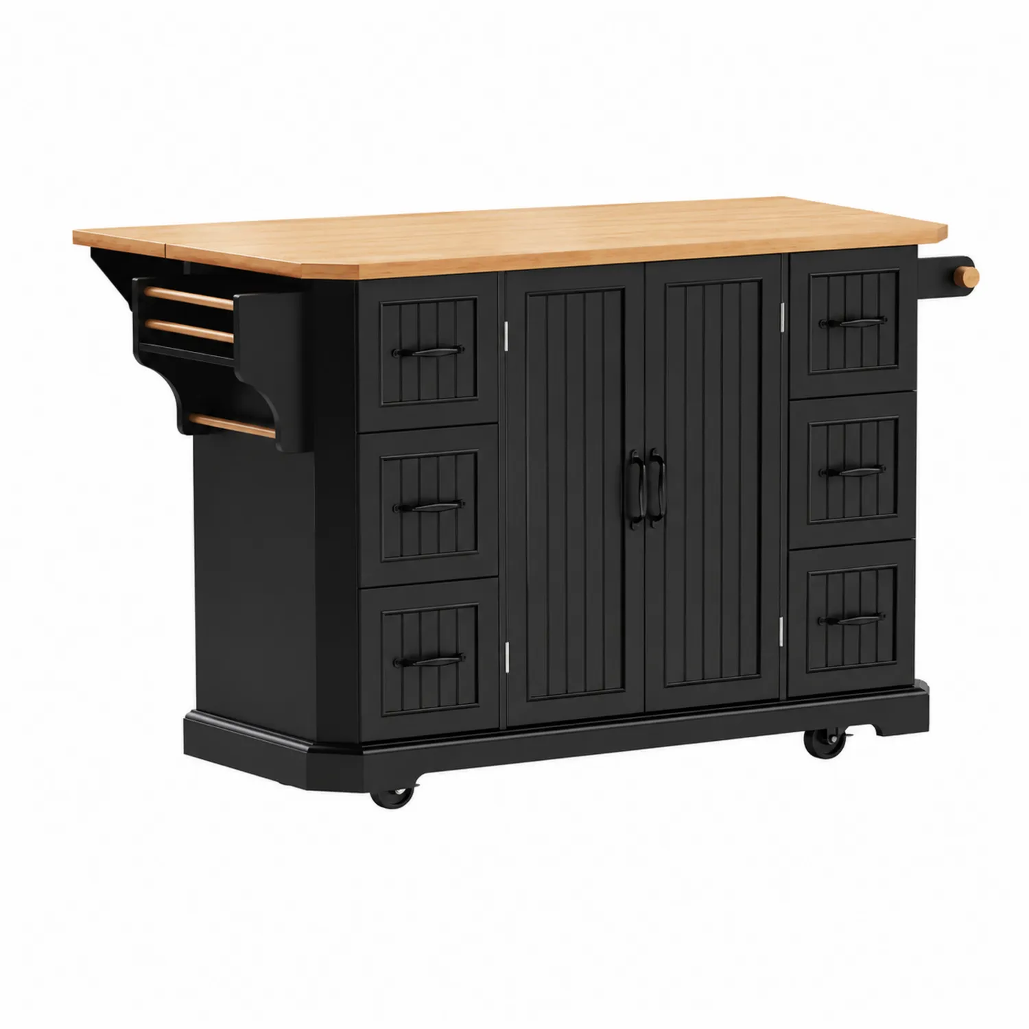 Carrello da cucina nero con piano in legno e rotelle