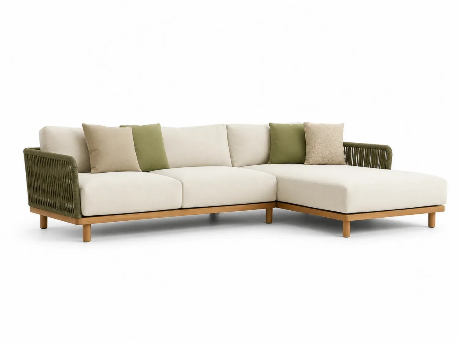 Sofa narożna z drewna tekowego z poduszkami kremowymi i oliwkową liną