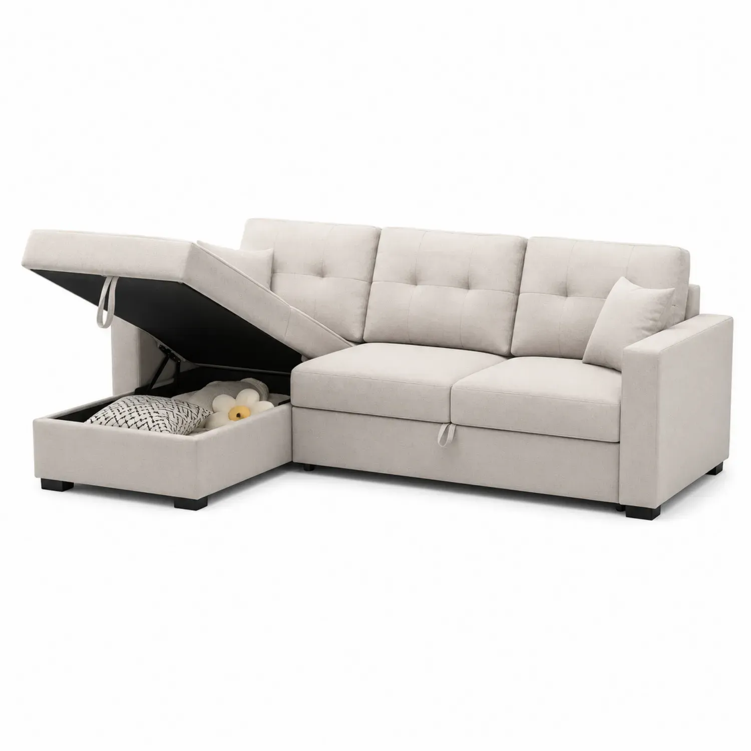 Modułowa sofa narożna z funkcją spania i schowkiem, beżowa