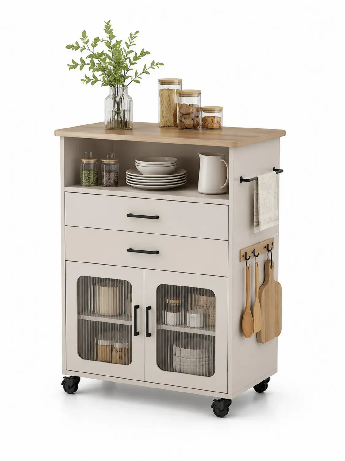 Mobilny wózek kuchenny z MDF i drewna, Biały