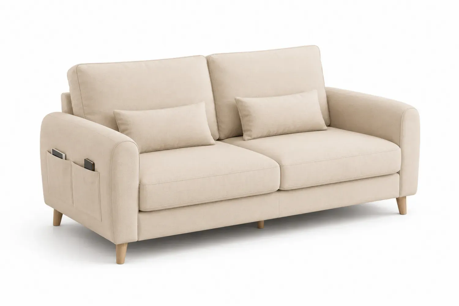 Sofa dwuosobowa beżowa z kieszeniami