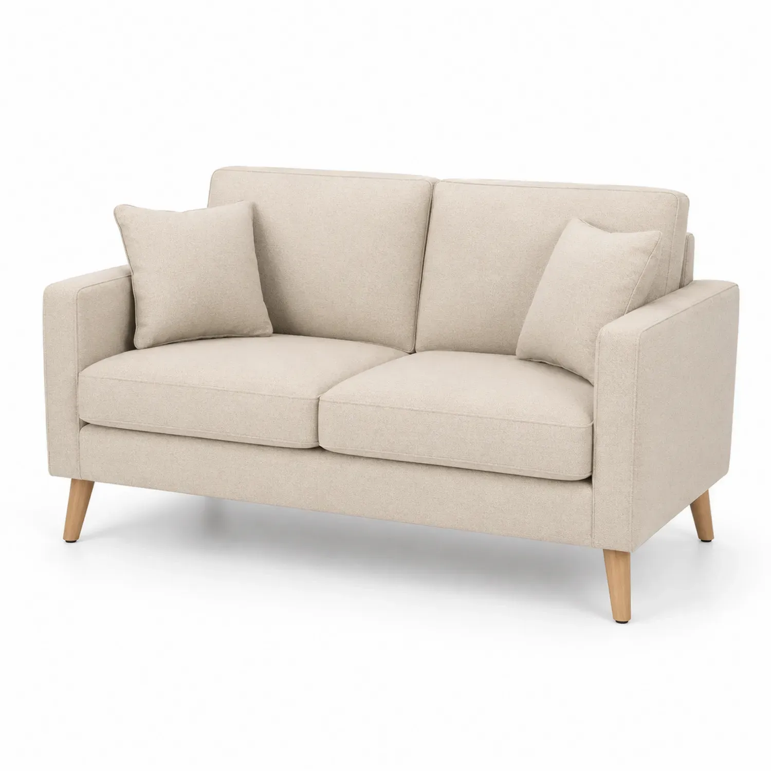 Sofa dwuosobowa z beżowej tkaniny i drewnianymi nogami