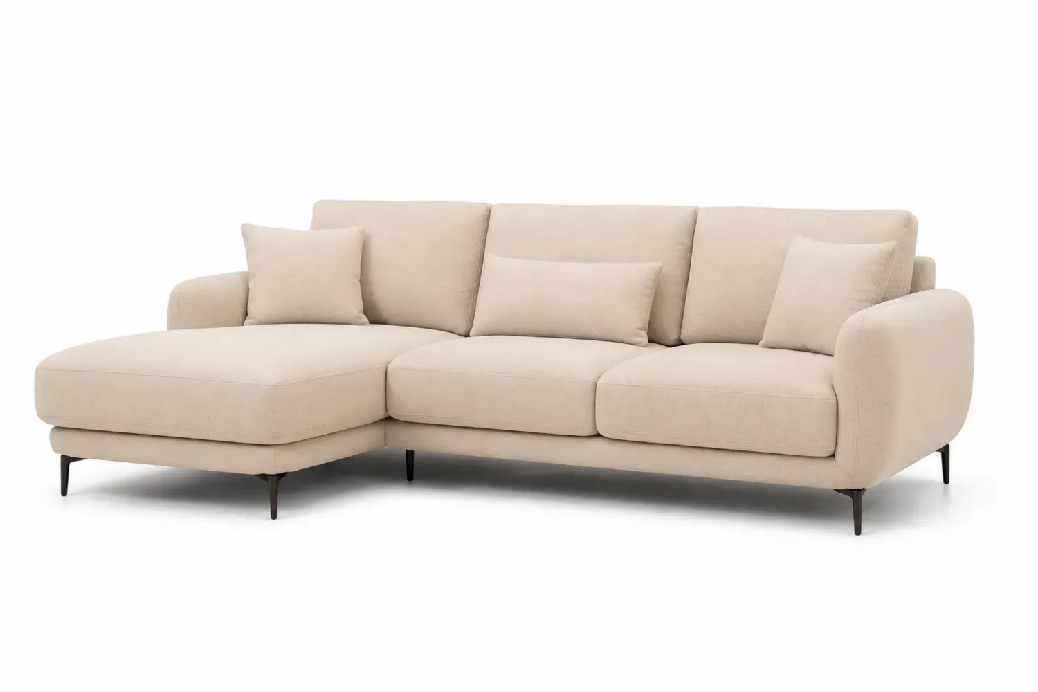 Beżowa narożna sofa z tkaniny lnianej z poduszkami