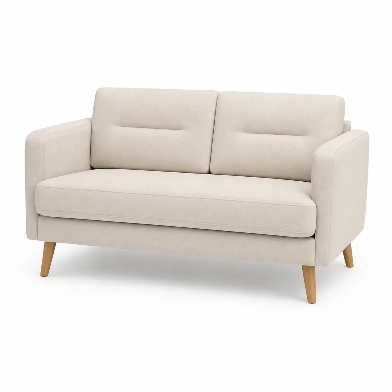 Beżowa sofa dwuosobowa z drewna i tkaniny