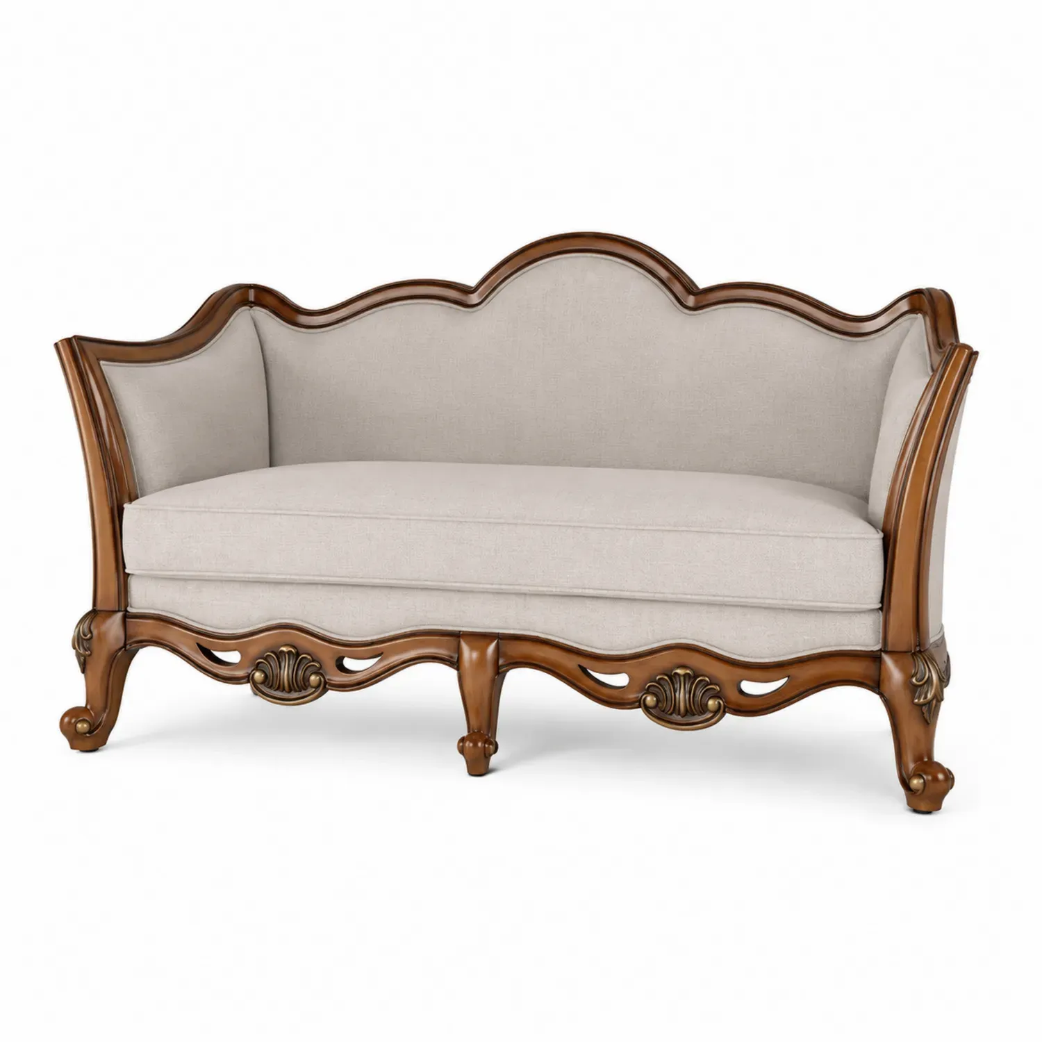 Sofa dwuosobowa z drewnianą ramą i beżową tkaniną