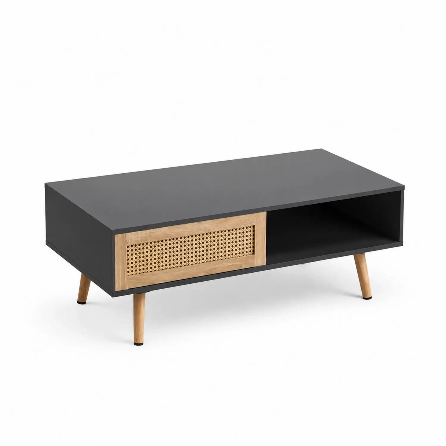 Stolik kawowy z MDF i rattanowymi drzwiami, Czarny/Drewno naturalne, 110x55x40 cm