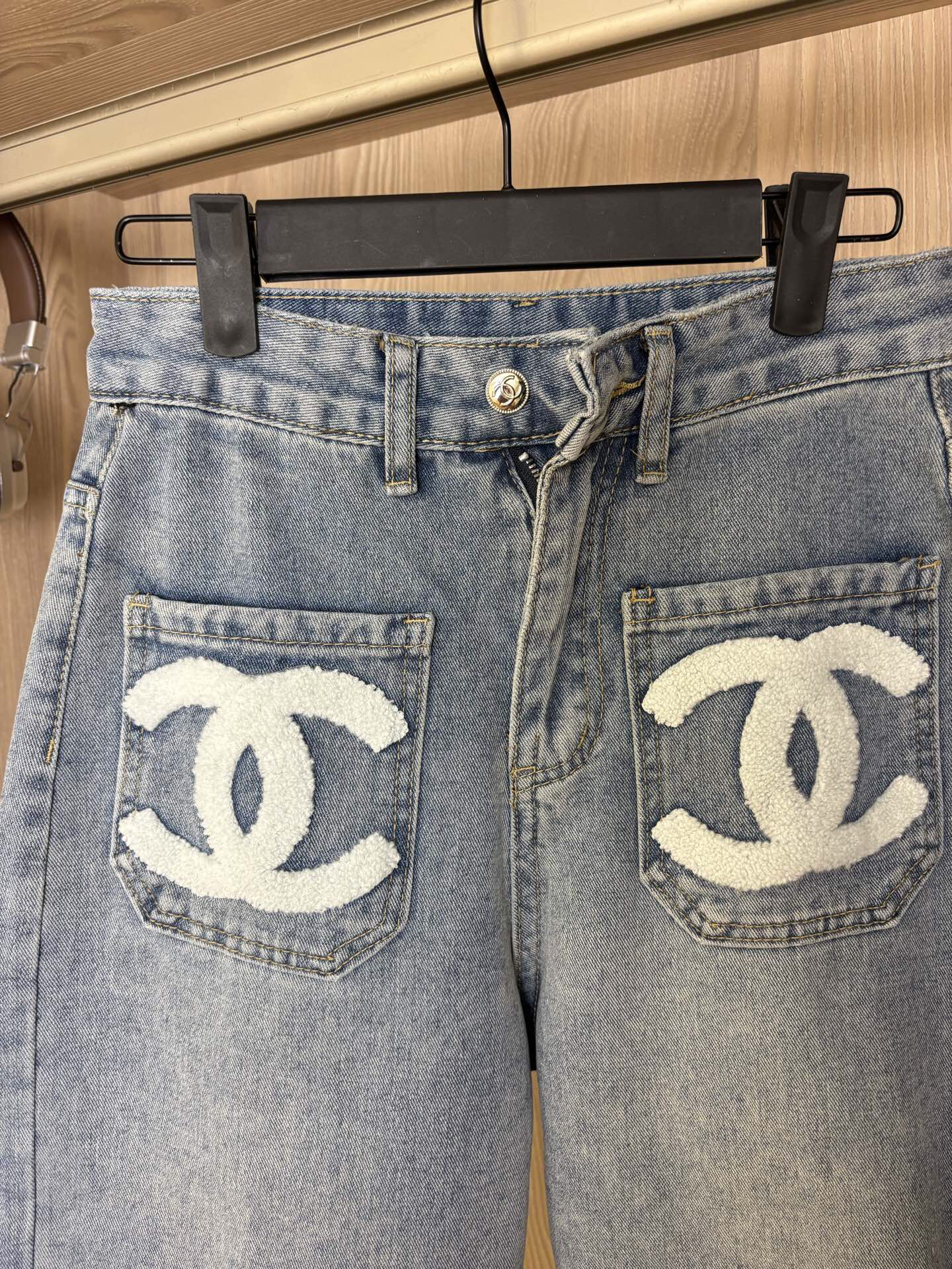 CHANE25SS embroidered denim straight leg trousers