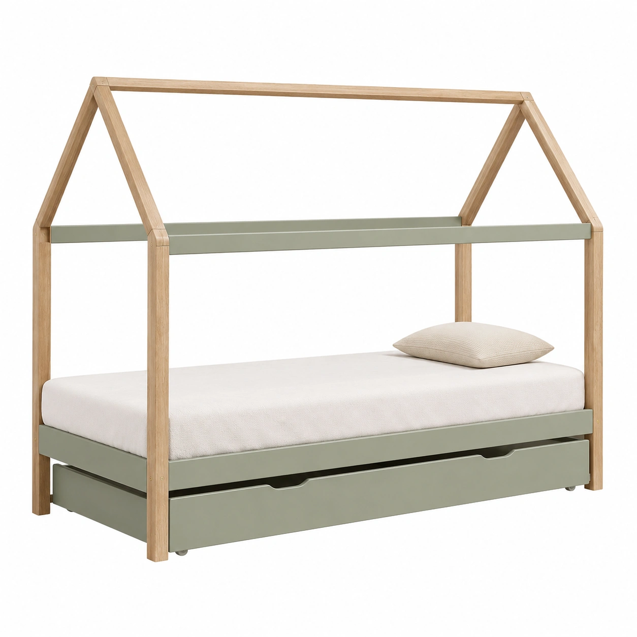 Cama Infantil Casita Minimalista en Verde Oliva Claro-furnlita