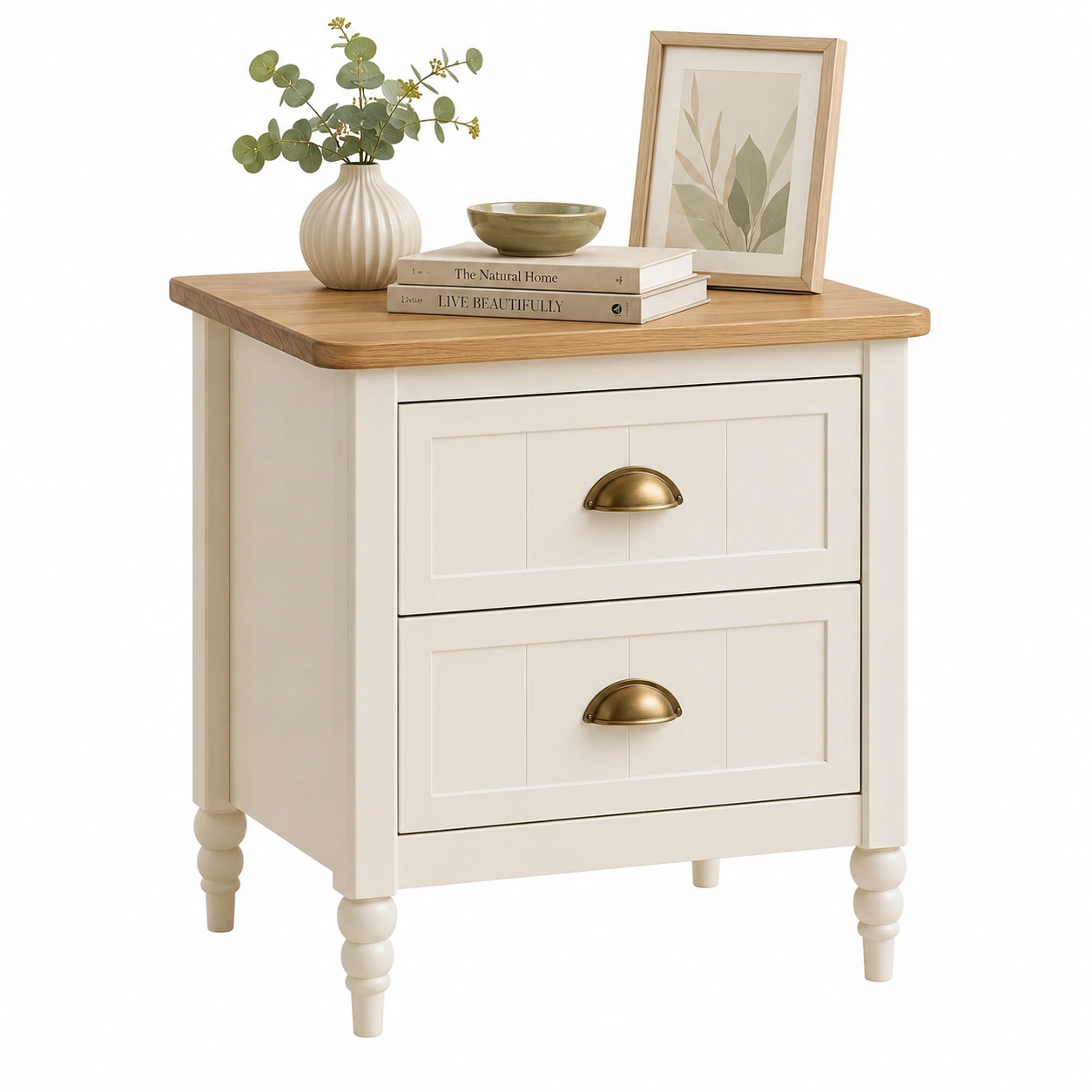 Mesita de noche nordica crema con detalles de madera natural-furnlita