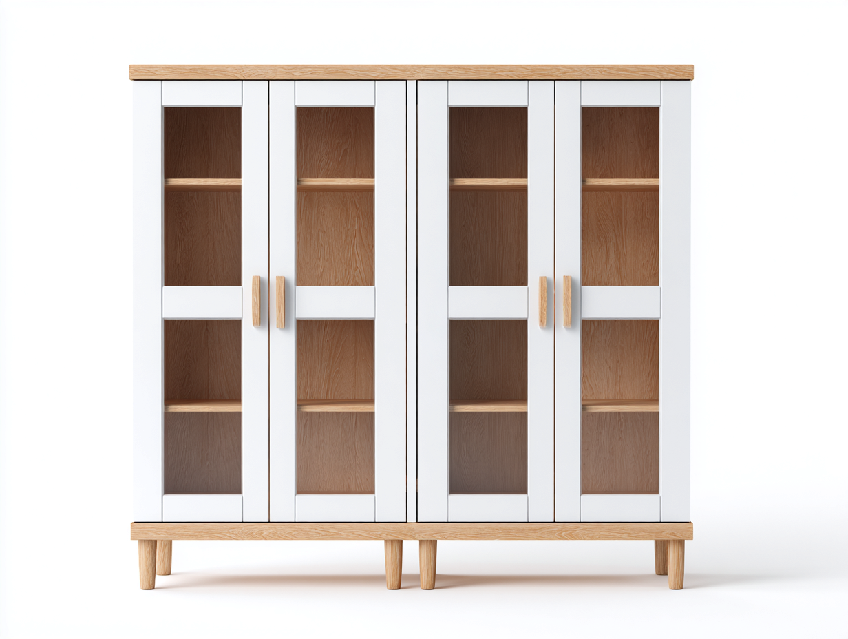Bücherregal Holzwerkstoff Glas Türen 160x40x120 cm Weiß Natur geeignet für Wohnzimmer - Modernes Design mit 4 Türen-Roomgoio