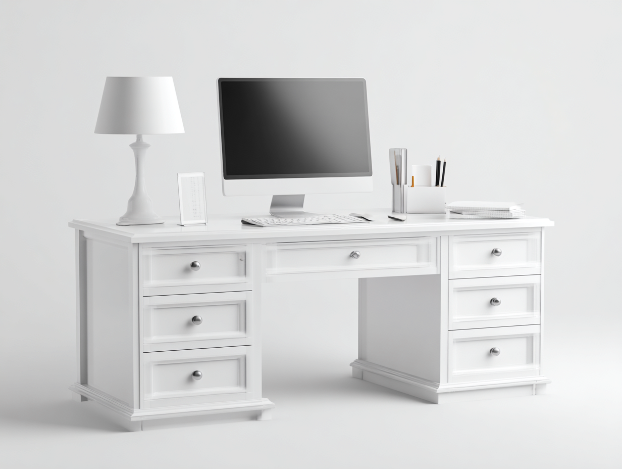Schreibtisch Holzwerkstoff 140x60x75 cm Weiß geeignet für Arbeitszimmer - Klassisches Design mit 7 Schubladen-Roomgoio