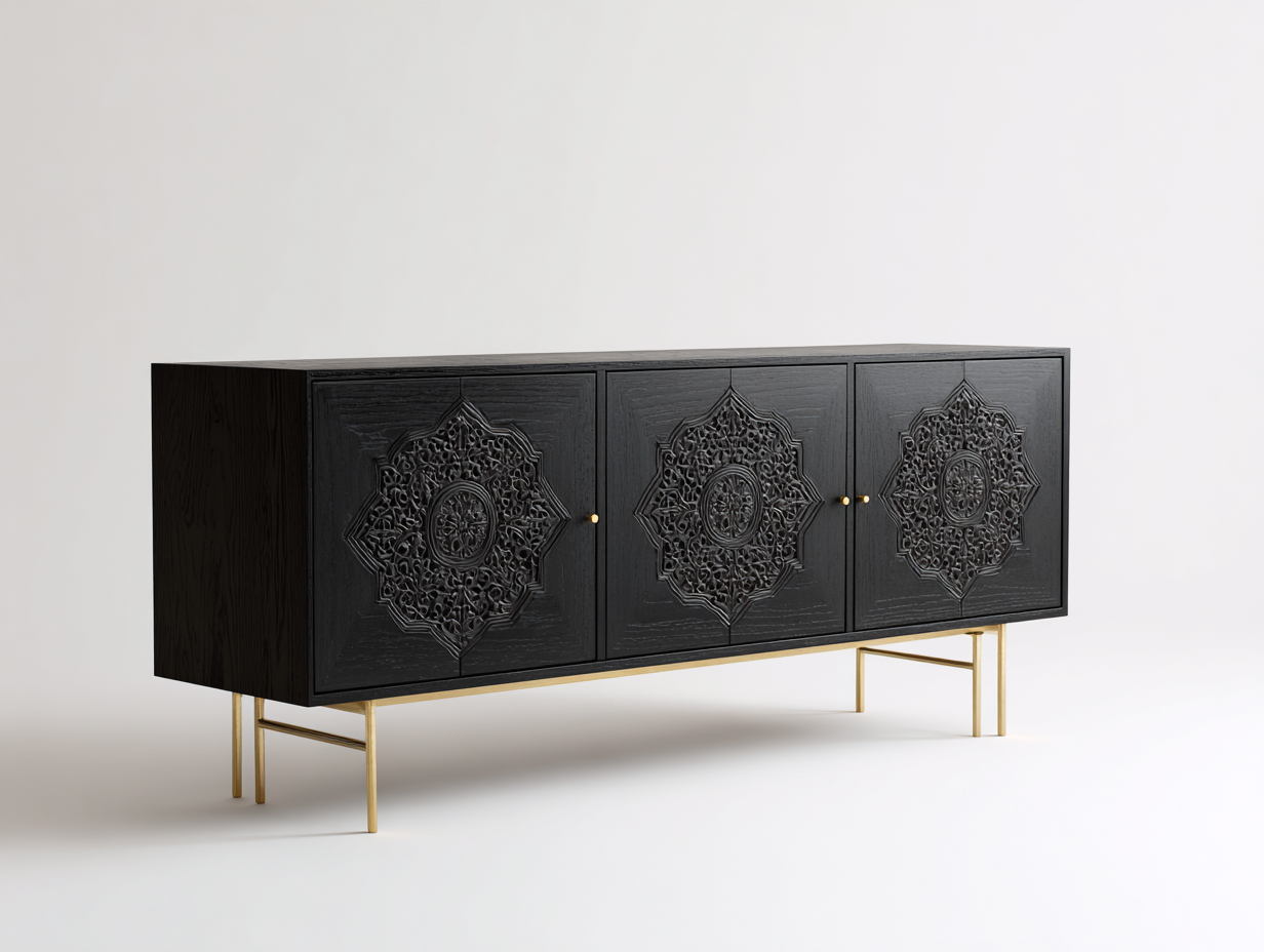 Dielenschränke Holzwerkstoff Metall 180x40x75 cm Schwarz-Gold - Türen Orientalisches Design-Roomgoio
