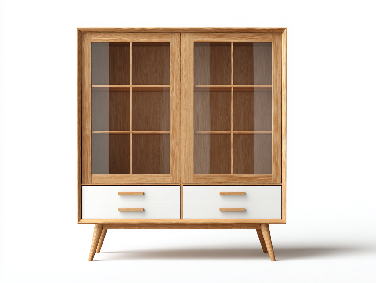 Bücherregal Holzwerkstoff 100x40x160 cm Braun-Weiß - Glastüren Schubladen Skandinavisches Design-Roomgoio