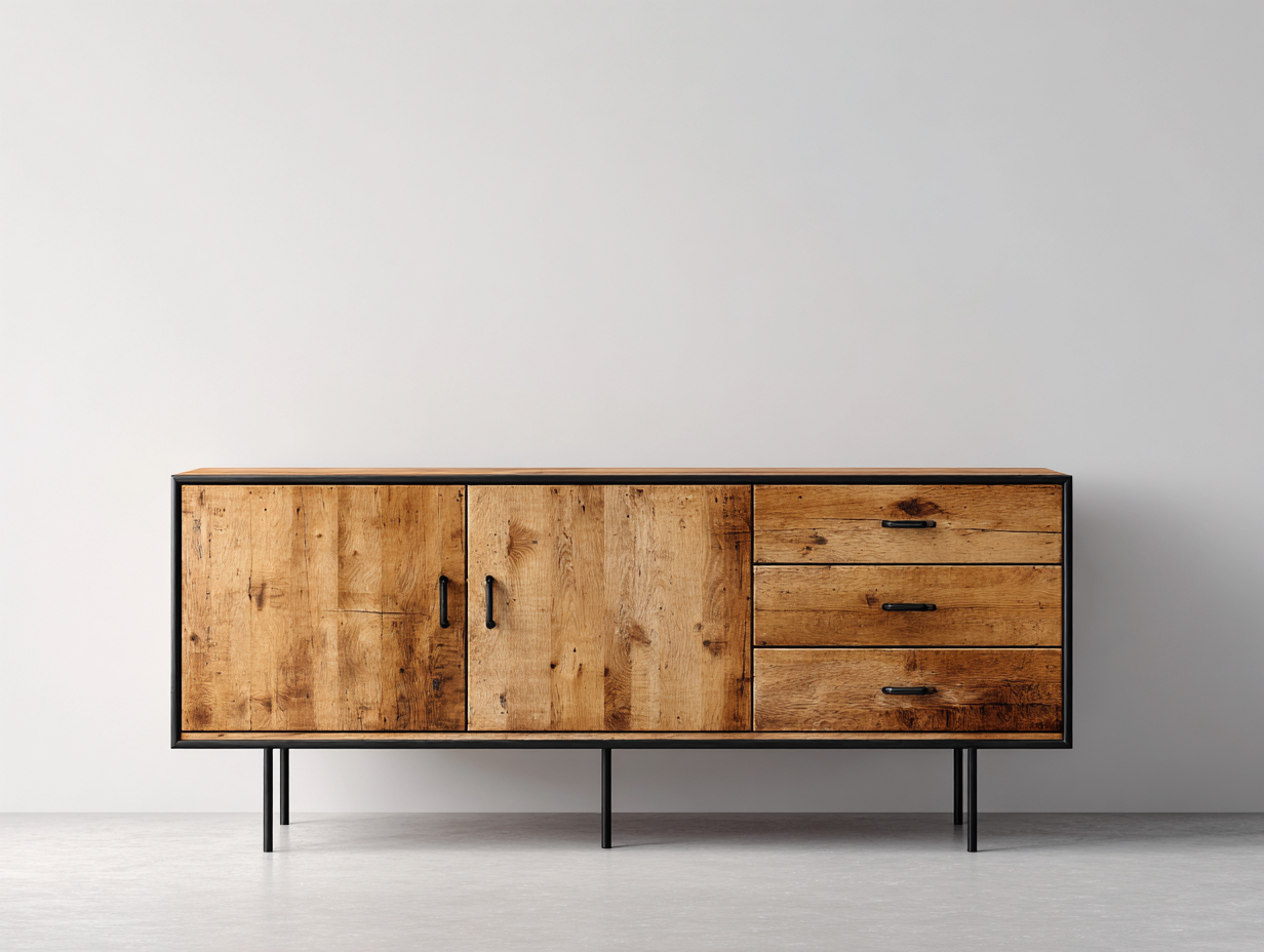 Dielenschränke Holz Sideboard mit 2 Türen und 3 Schubladen ca. 180x40x75 cm - Natur-Schwarz - industrielles Design-Roomgoio