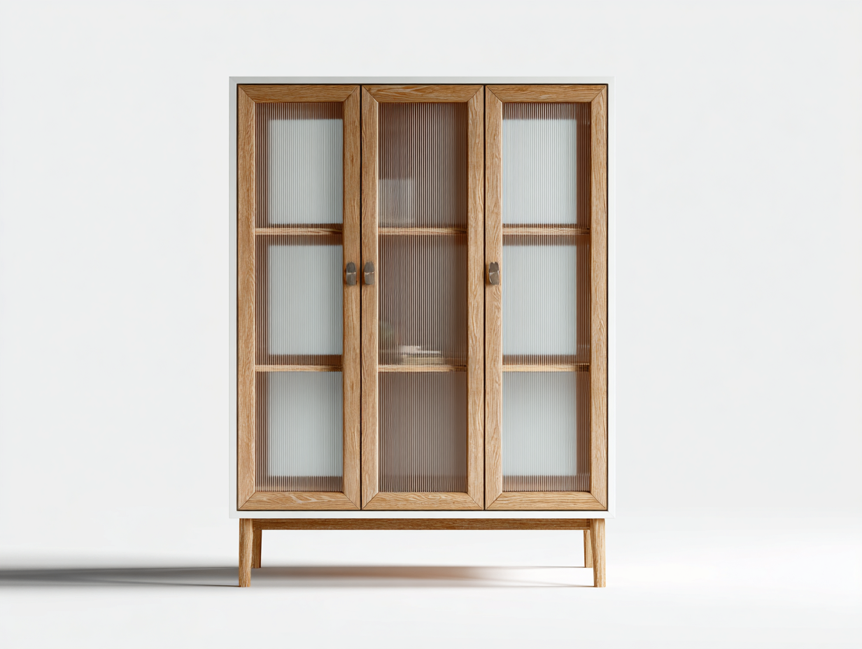 Bücherregal Holzwerkstoff Glas Türen 120x40x140 cm Weiß Natur geeignet für Wohnzimmer - Modernes Design mit 3 Türen-Roomgoio