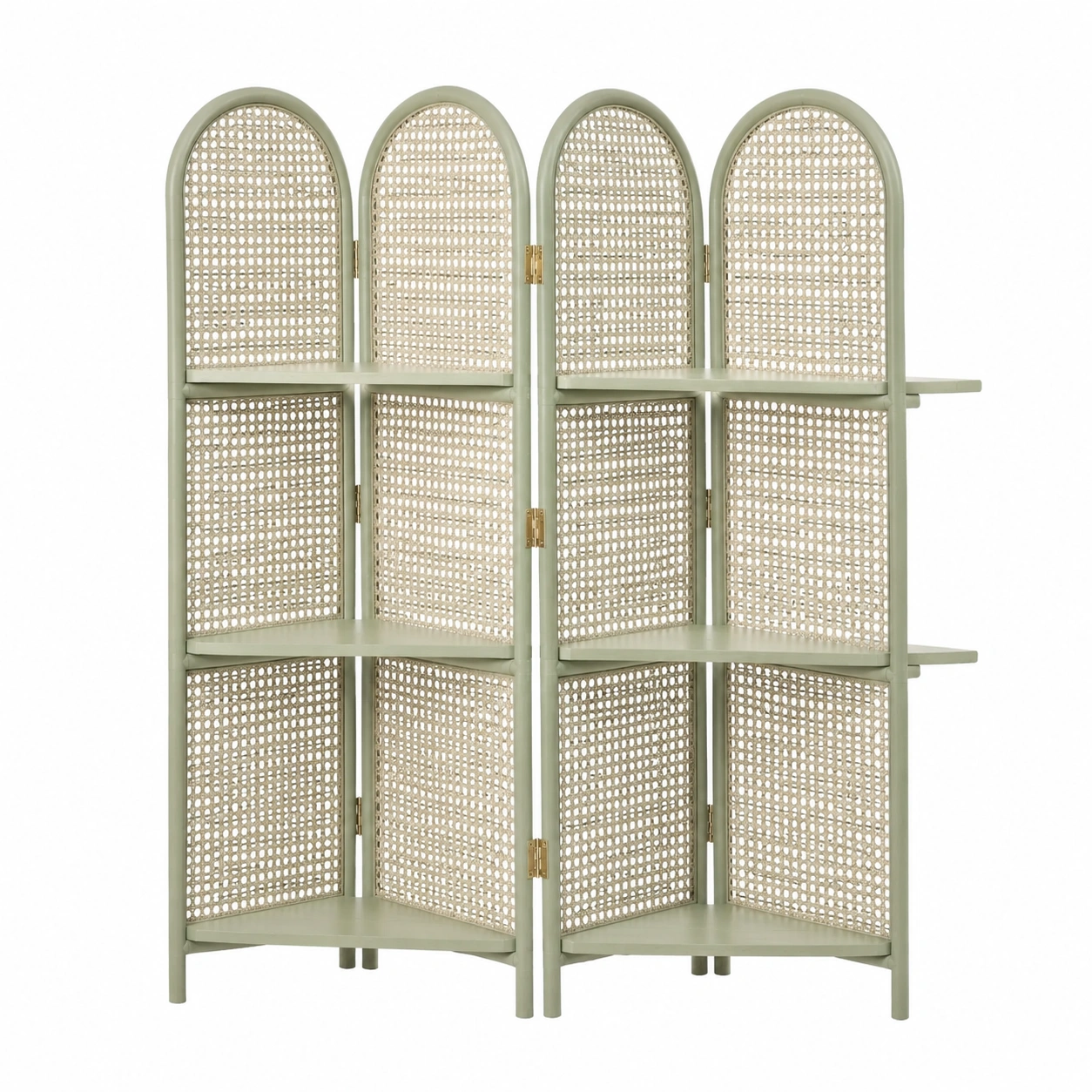 Biombo Estanteria Verde con Paneles de Ratan y Estantes-casaformo