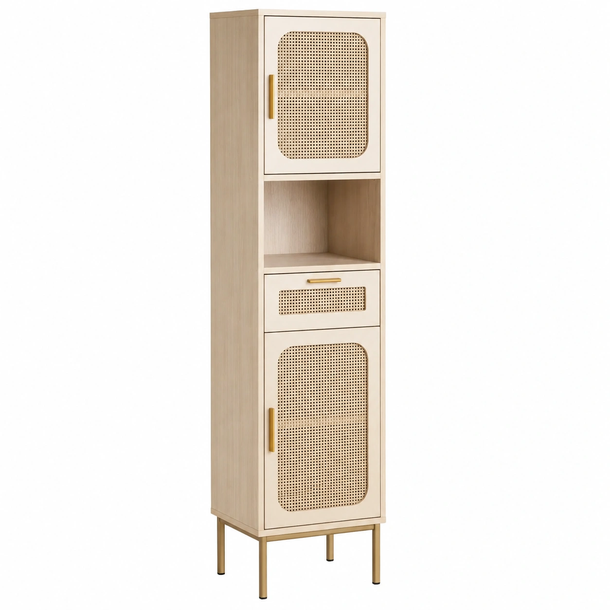 Armario Alto de Madera con Puertas de Ratan Cajon y Estante-casaformo