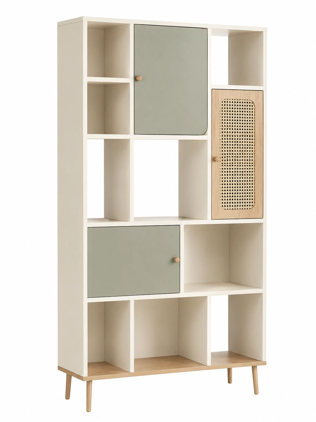 Armario estanteria beige y verde con esencia nordica natural-casaformo