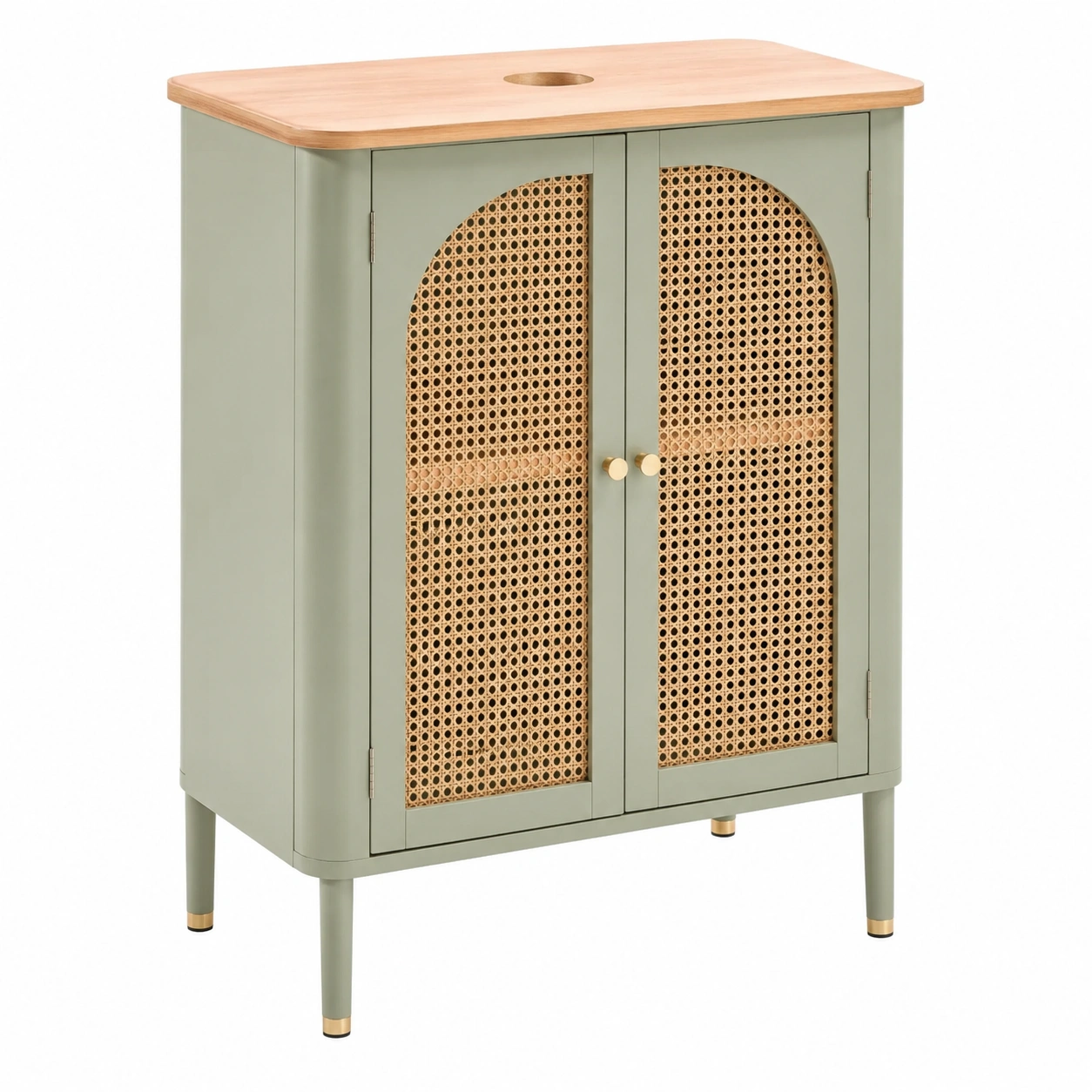 Armario Aparador Verde con Puertas de Ratan y Encimera de Madera-casaformo