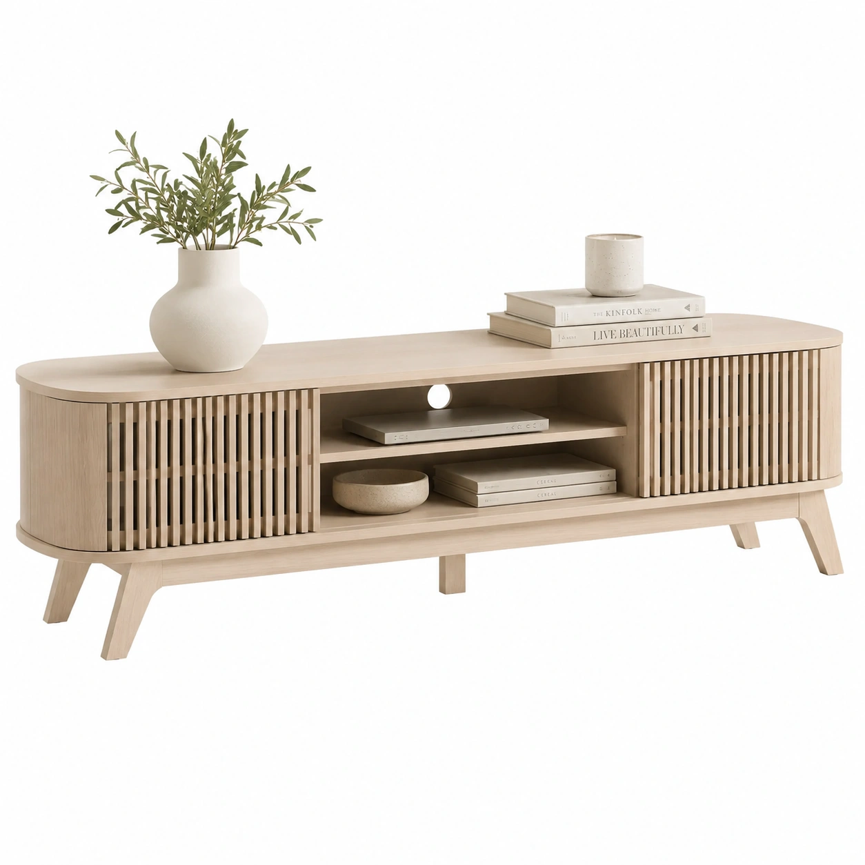 Mueble TV curvo en madera clara natural-casaformo