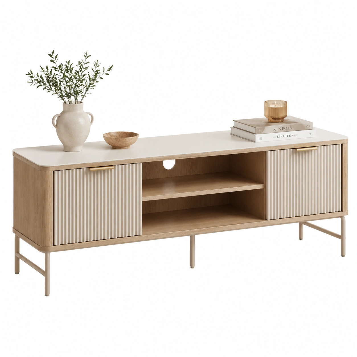 Sofisticado mueble TV beige con almacenaje lateral-casaformo