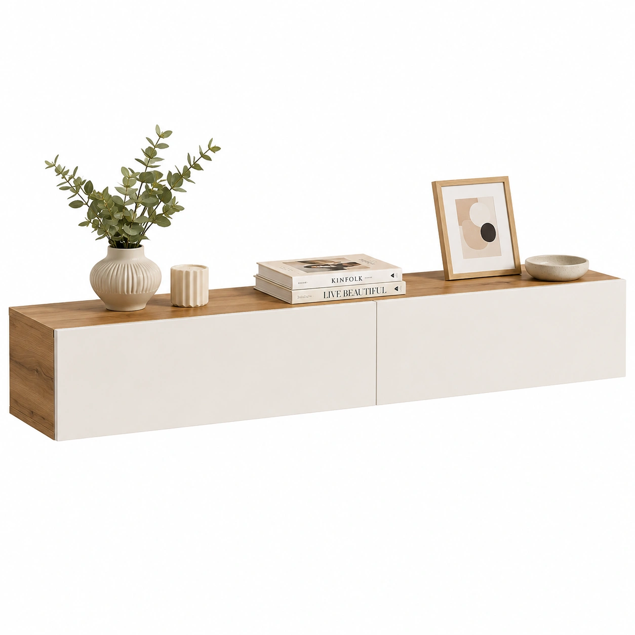 Mueble TV flotante blanco y roble con dos puertas-casaformo