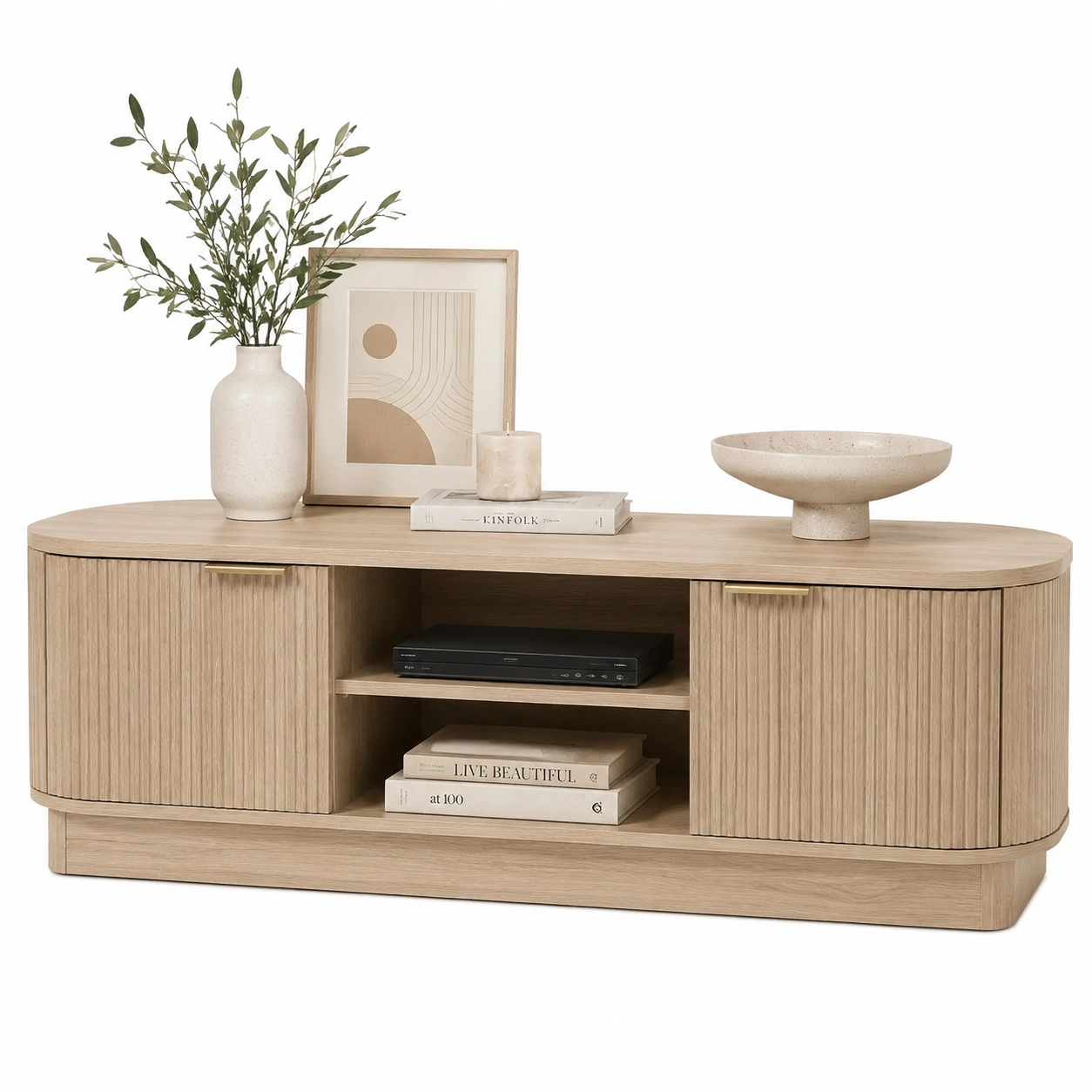 Mueble TV de Madera con Puertas Estriadas y Estantes Abiertos-casaformo