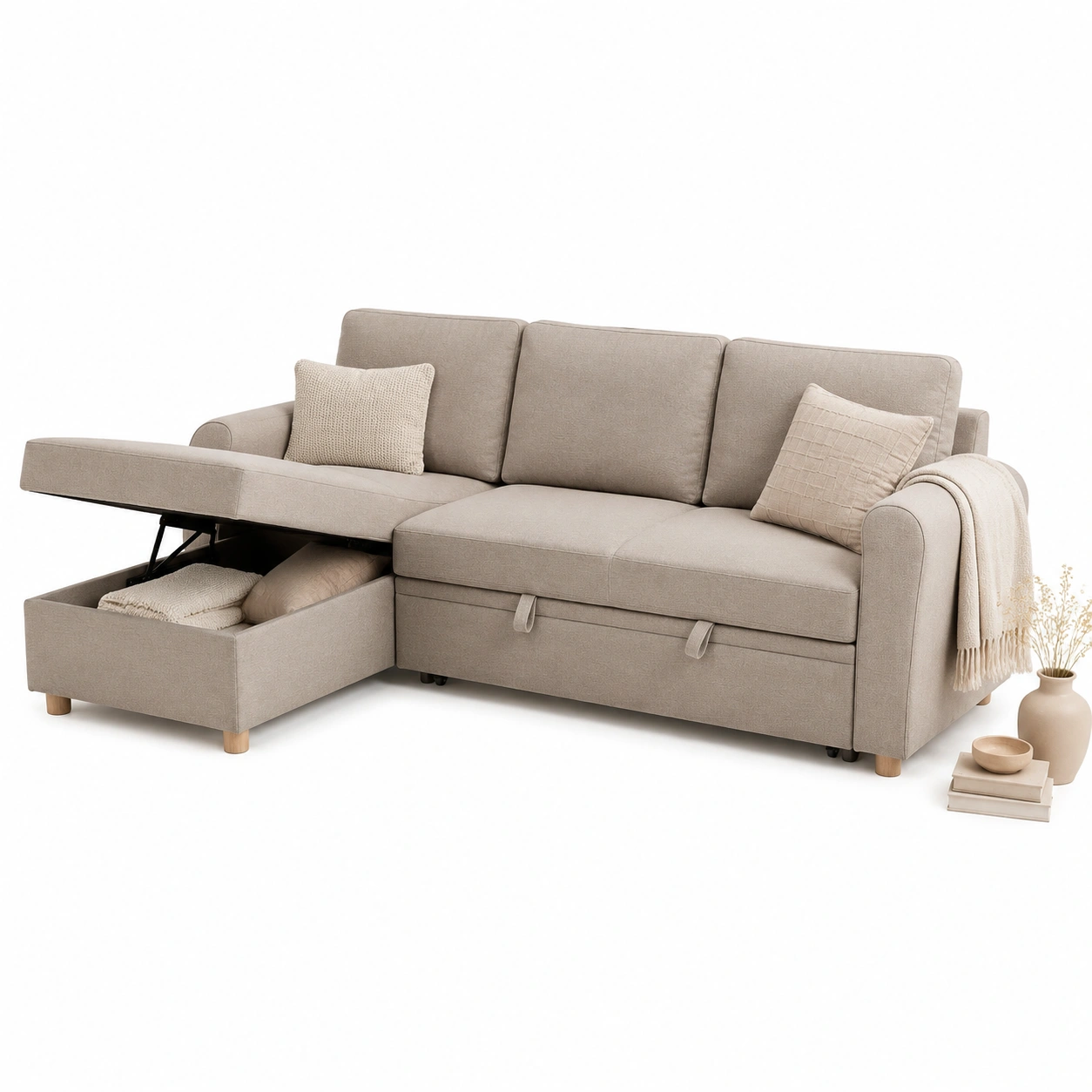 Sofa seccional beige topo con chaise longue abatible-casaformo