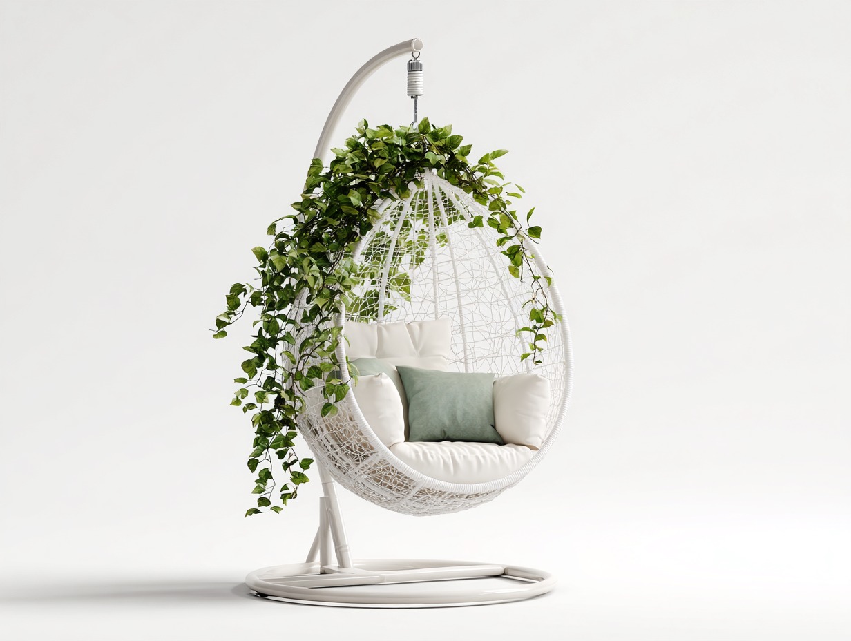 Hängesessel für Garten Polyrattan Hängesessel mit Gestell und Kissen ca. 105x105x195 cm - Weiß - Grün - modernes Design-Cottagetbase