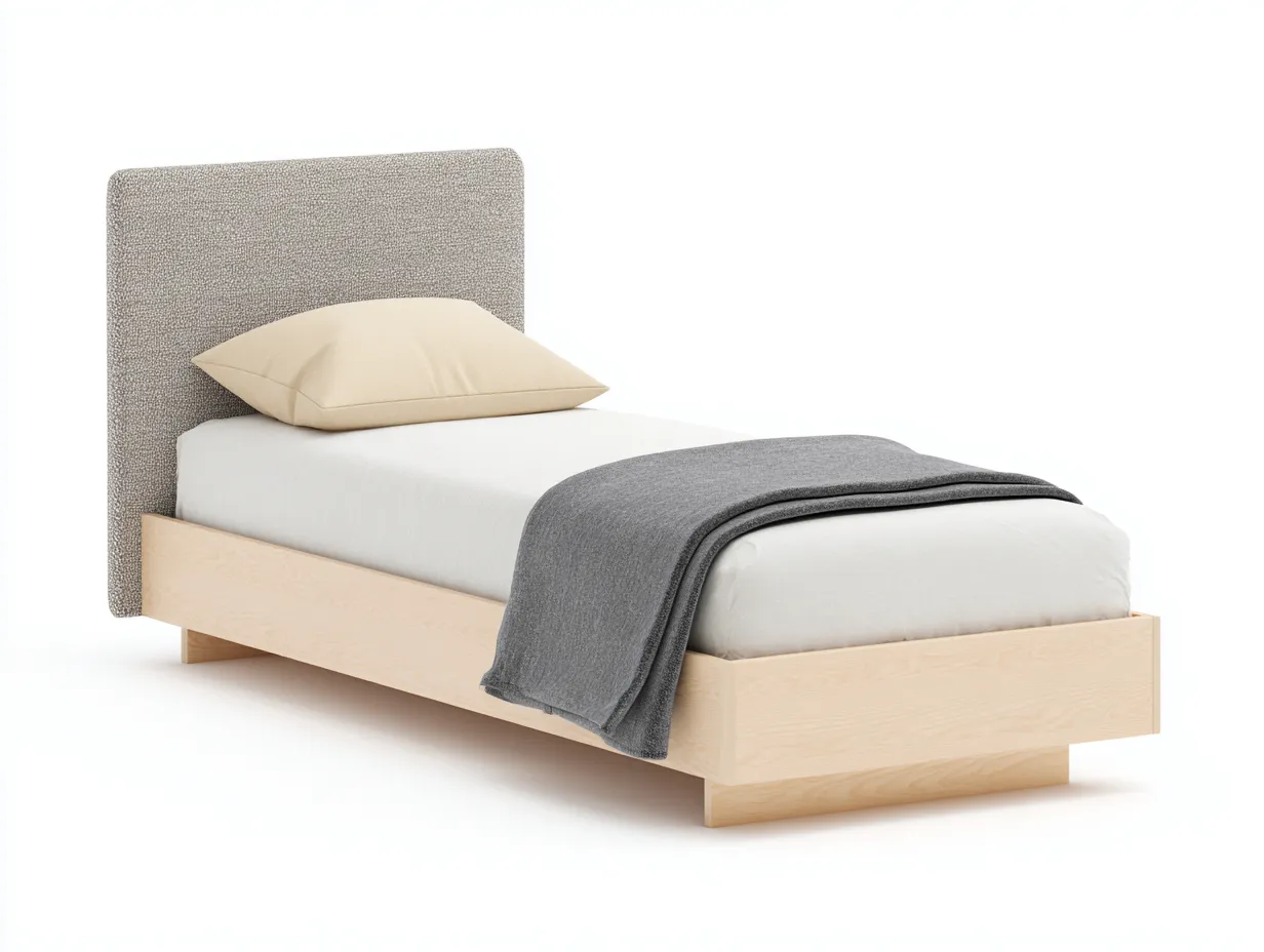 Lit simple en bois avec tête de lit tissu 200x100x105 cm beige clair-gris clair pour chambre - style moderne épuré-Pinemylab
