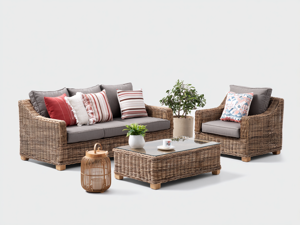 Canapé de jardin en rotin tressé 178x82x78 cm - gris-naturel - salon d'extérieur avec table basse - style chaleureux-Craftgomart