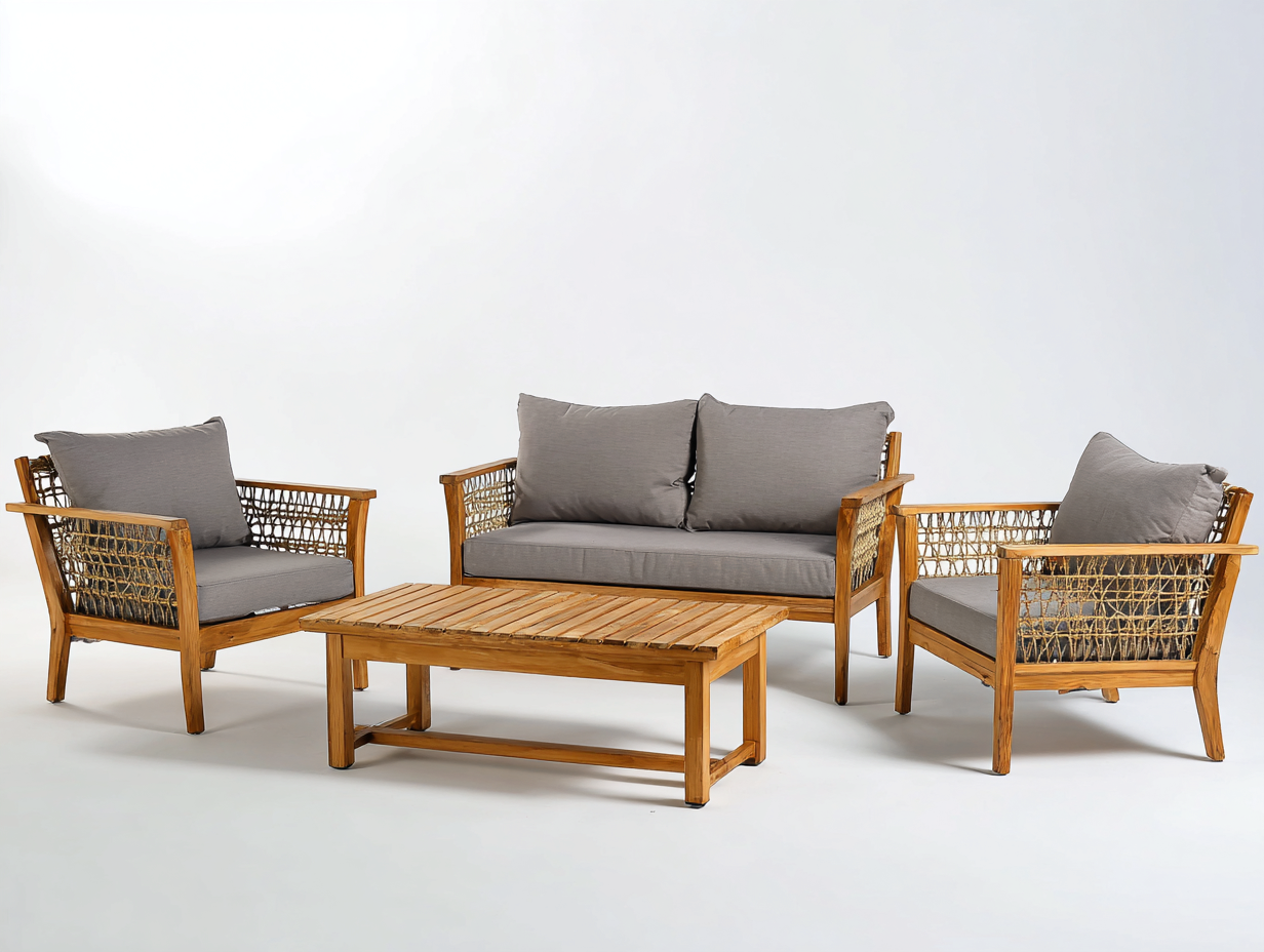 Canapé de jardin en bois et corde tressée 165x78x82 cm - gris-naturel - salon d'extérieur avec table basse - style épuré-Craftgomart