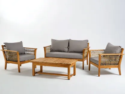 Canapé de jardin en bois et corde tressée 165x78x82 cm - gris-naturel - salon d'extérieur avec table basse - style épuré-Craftgomart