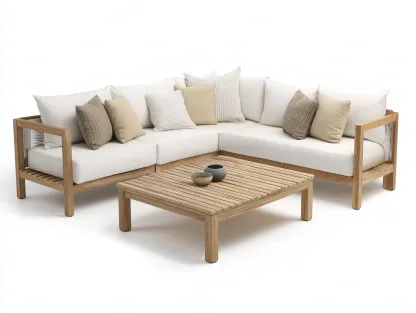 Canapé de jardin en bois 245 x 245 x 78 cm - beige et bois naturel - salon d'extérieur avec table basse - style contemporain-Craftgomart