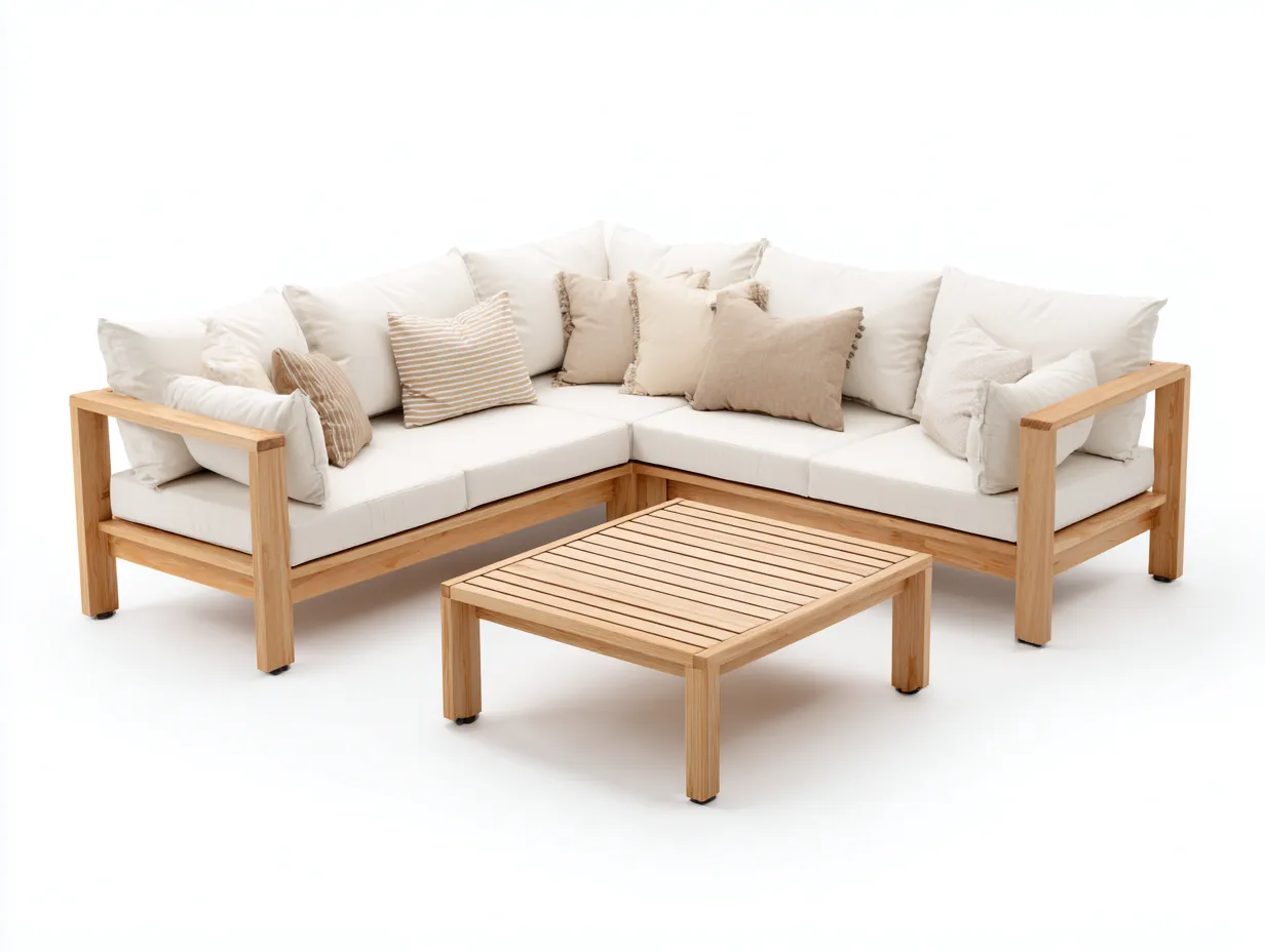 Canapé de jardin d'angle en bois 235 x 235 x 78 cm beige-bois clair pour extérieur - table basse style naturel-Craftgomart