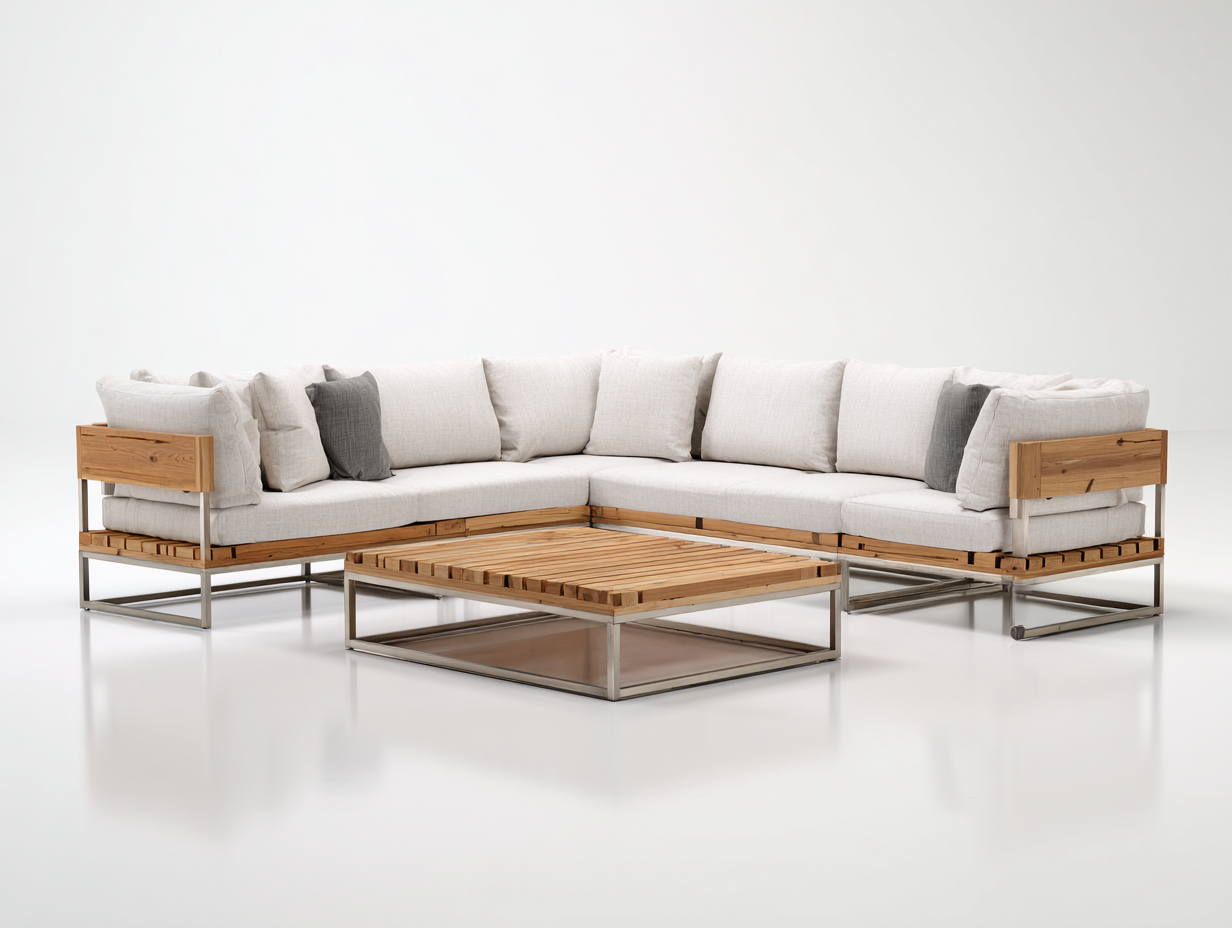 Canapé de jardin en bois et métal 240 x 240 x 74 cm - beige et bois naturel-gris - adapté à la terrasse - avec table basse - style contemporain-Craftgomart