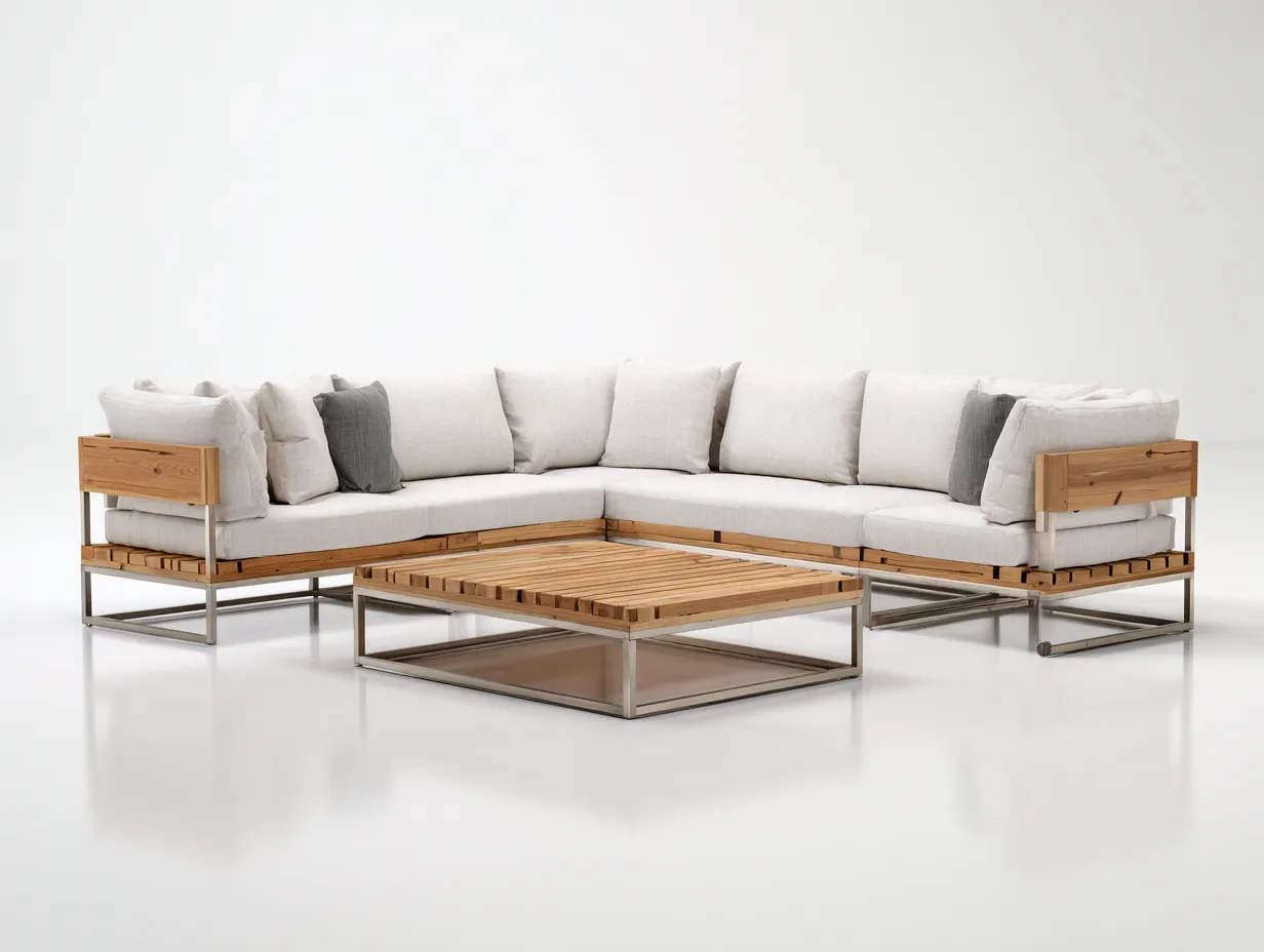 Canapé de jardin en bois et métal 240 x 240 x 74 cm - beige et bois naturel-gris - adapté à la terrasse - avec table basse - style contemporain-Craftgomart