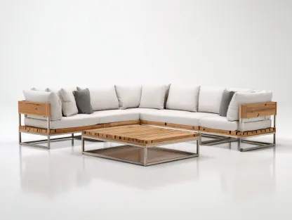 Canapé de jardin en bois et métal 240 x 240 x 74 cm - beige et bois naturel-gris - adapté à la terrasse - avec table basse - style contemporain-Craftgomart