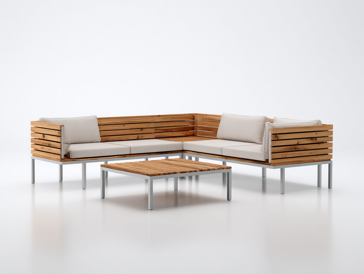 Canapé de jardin d'angle en bois et métal 278 x 238 x 74 cm blanc cassé-bois naturel-argenté pour extérieur - avec table basse style contemporain-Craftgomart