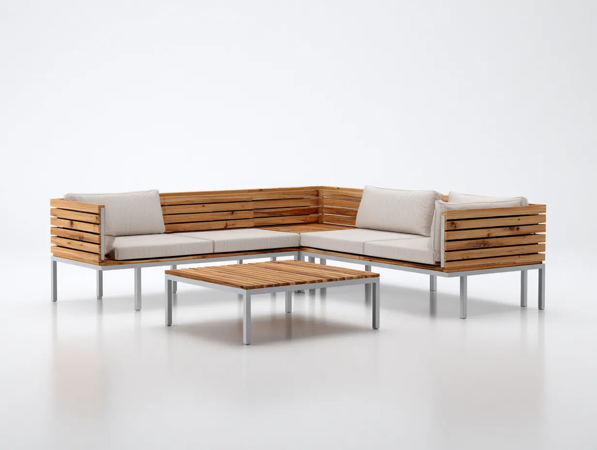 Canapé de jardin d'angle en bois et métal 278 x 238 x 74 cm blanc cassé-bois naturel-argenté pour extérieur - avec table basse style contemporain-Craftgomart