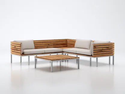 Canapé de jardin d'angle en bois et métal 278 x 238 x 74 cm blanc cassé-bois naturel-argenté pour extérieur - avec table basse style contemporain-Craftgomart