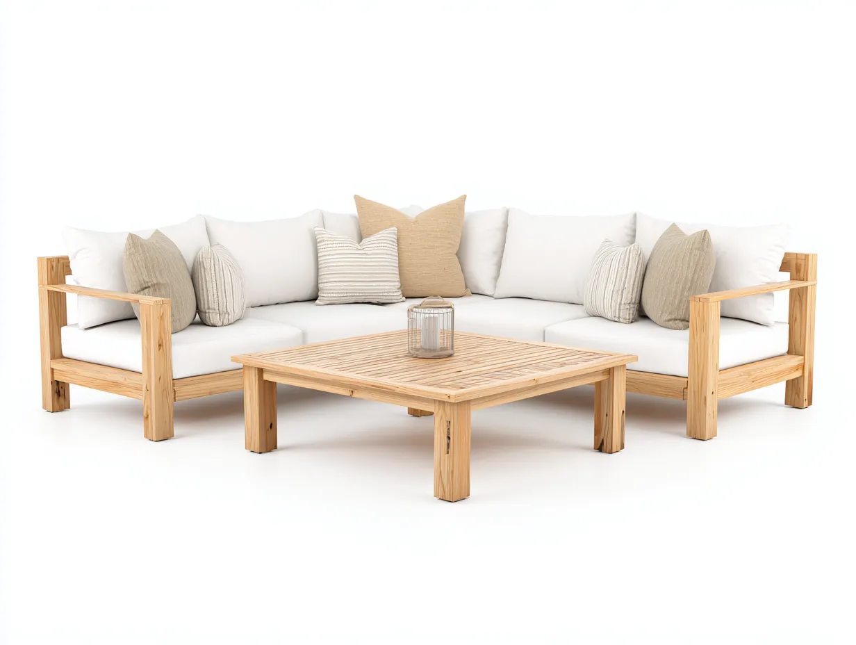 Canapé de jardin en bois 238 x 238 x 76 cm - beige et bois naturel - adapté à la terrasse - avec table basse - style contemporain-Craftgomart