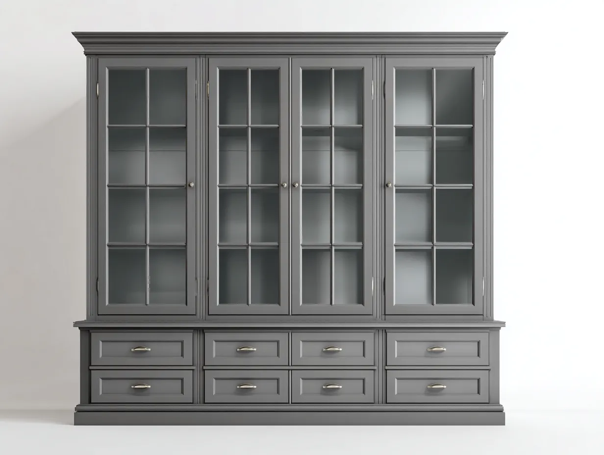 Vitrine en bois 200 x 48 x 210 cm gris pour cuisine - rangement vitré style classique-Craftgomart